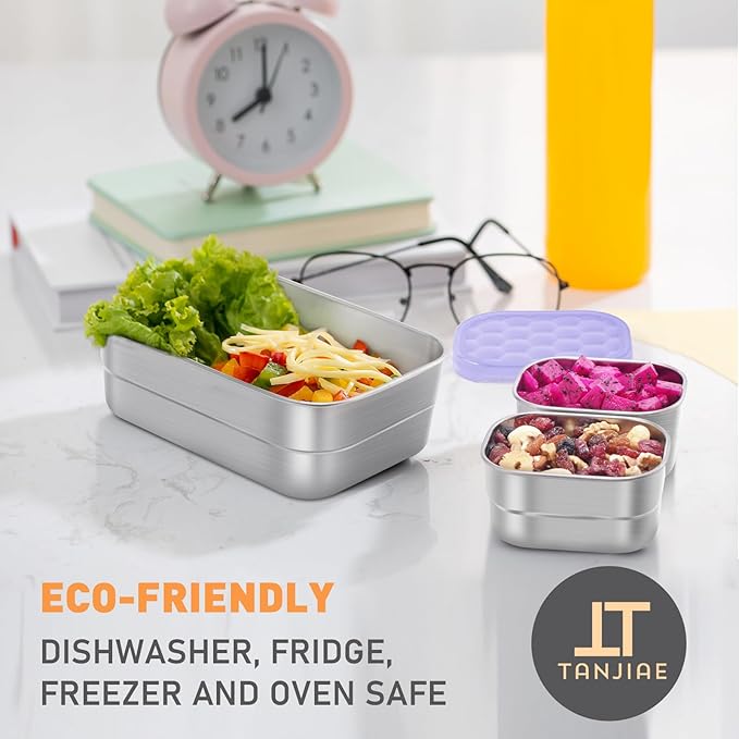 Small Stainless Steel Lunch Containers for Kids | Leak Proof BPA Free Snack Containers with 100% Pure Silicone Lids - Perfect Metal Lunch Box with Lids for School and Daycare (25oz+8oz*2)