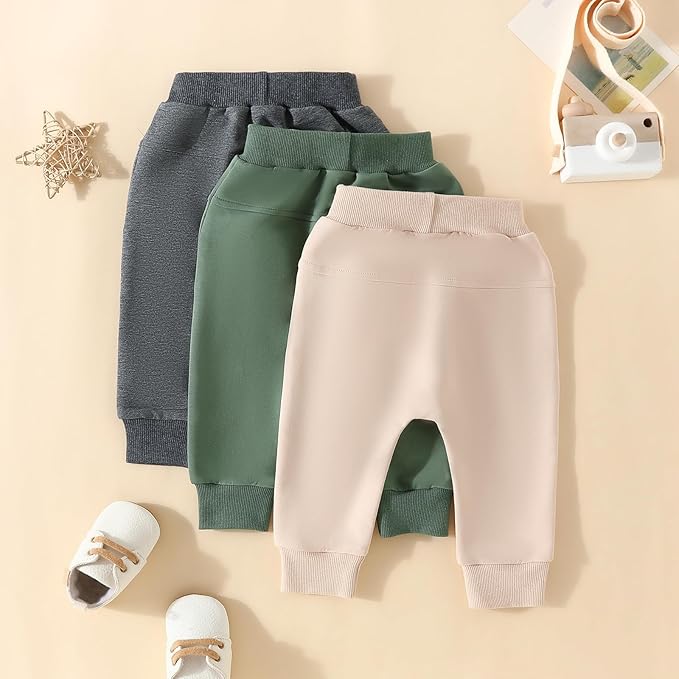 Sejardin Toddler Baby Boy Girl Pants 3 Pack Solid Color Elastic Waist Jogger Sweatpants Newborn Infant Casual Bottoms