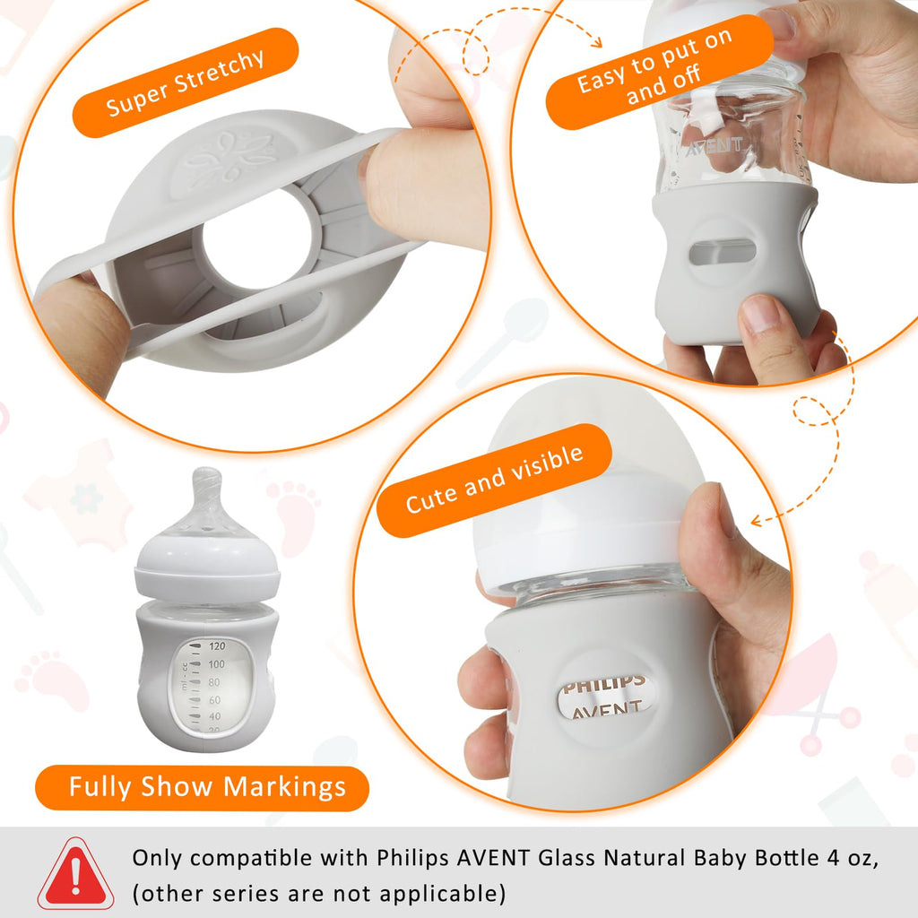 Silicone Sleeves for Avent Glass Natural Baby Bottle,6 Pack Bottles Shatter Proof Bottle Covers,Anti Flow Holder Compatible Baby Bottle 4 oz & 8 oz,BPA Free(Grey+Blue+Green)