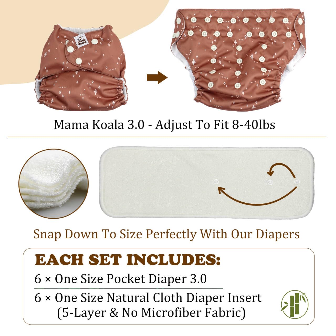 Mama Koala 3.0 Pocket Cloth Diapers for Babies with AWJ Lining, 6 Pack with 6 5-Layer Natural Cloth Diaper Inserts - Reusable and Washable Pocket Diapers(A-Calm Spring)