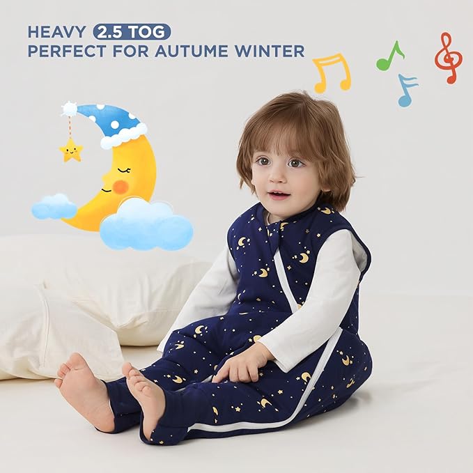 Duomiaomiao 2.5 TOG Toddler Sleep Sack 2-3T Months 100% Cotton Winter Side Open Zipper Baby Sleep Sack with Feet, Warm Toddler Wearable Blanket
