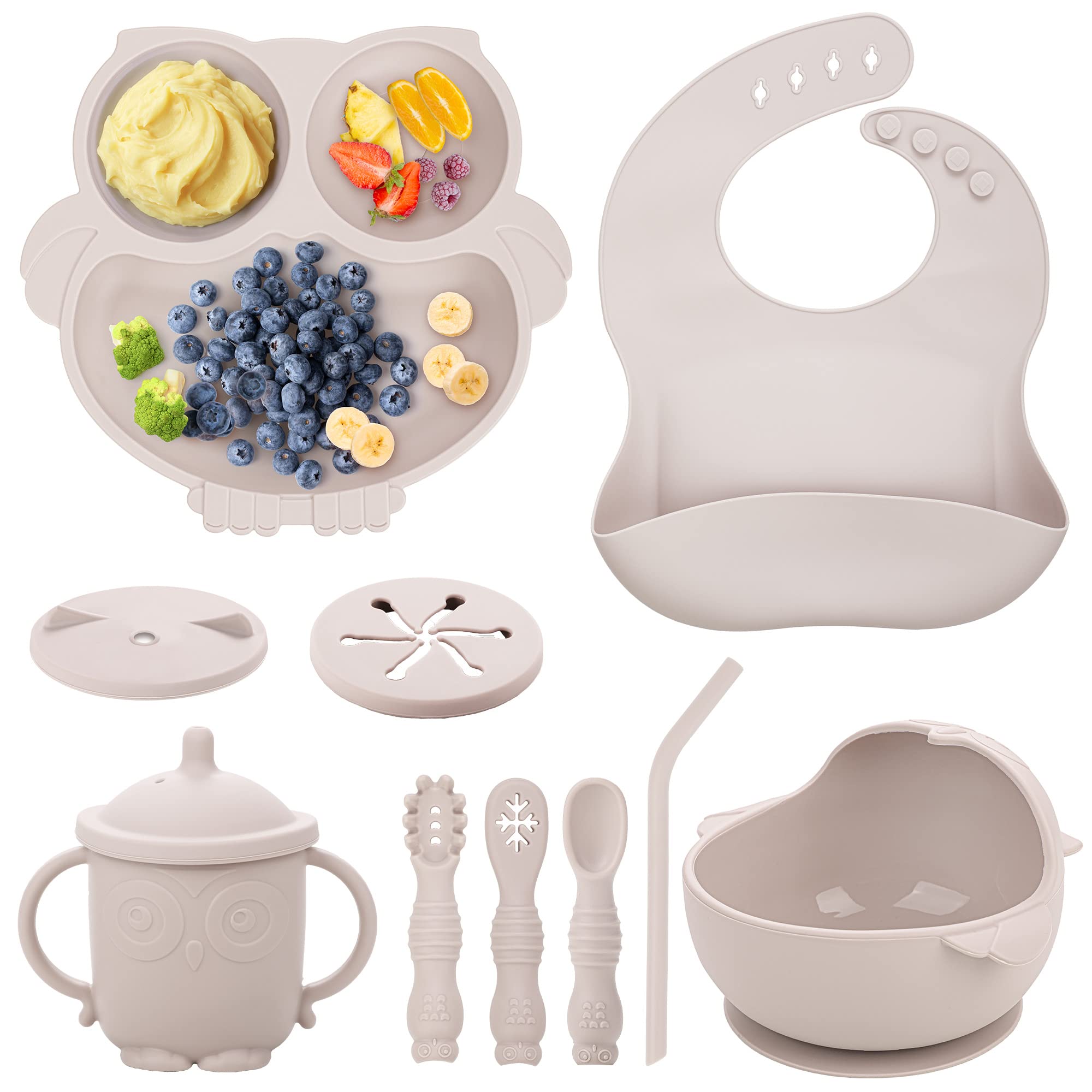 Bnditeu Baby Weaning Set - Silicone Toddler Feeding Set (10 Pcs) with Adjustable Bib, Suction Bowl, Plate, Fork, Spoon, Water & Snack Cup Kit - Baby Led Weaning Kit