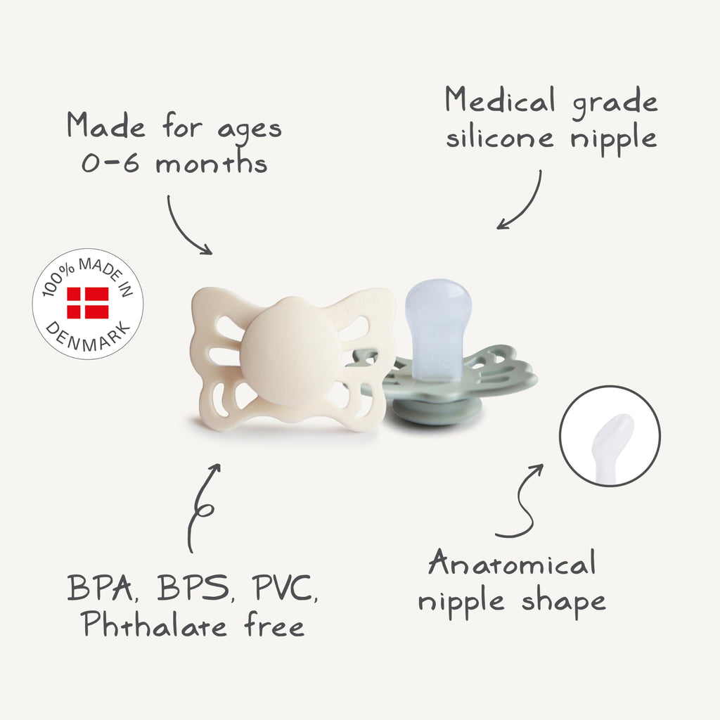FRIGG Butterfly Anatomical SilkySoft Silicone Baby Pacifier | Made in Denmark | BPA-Free (Cedar/Baby Pink, 0-6 Months)
