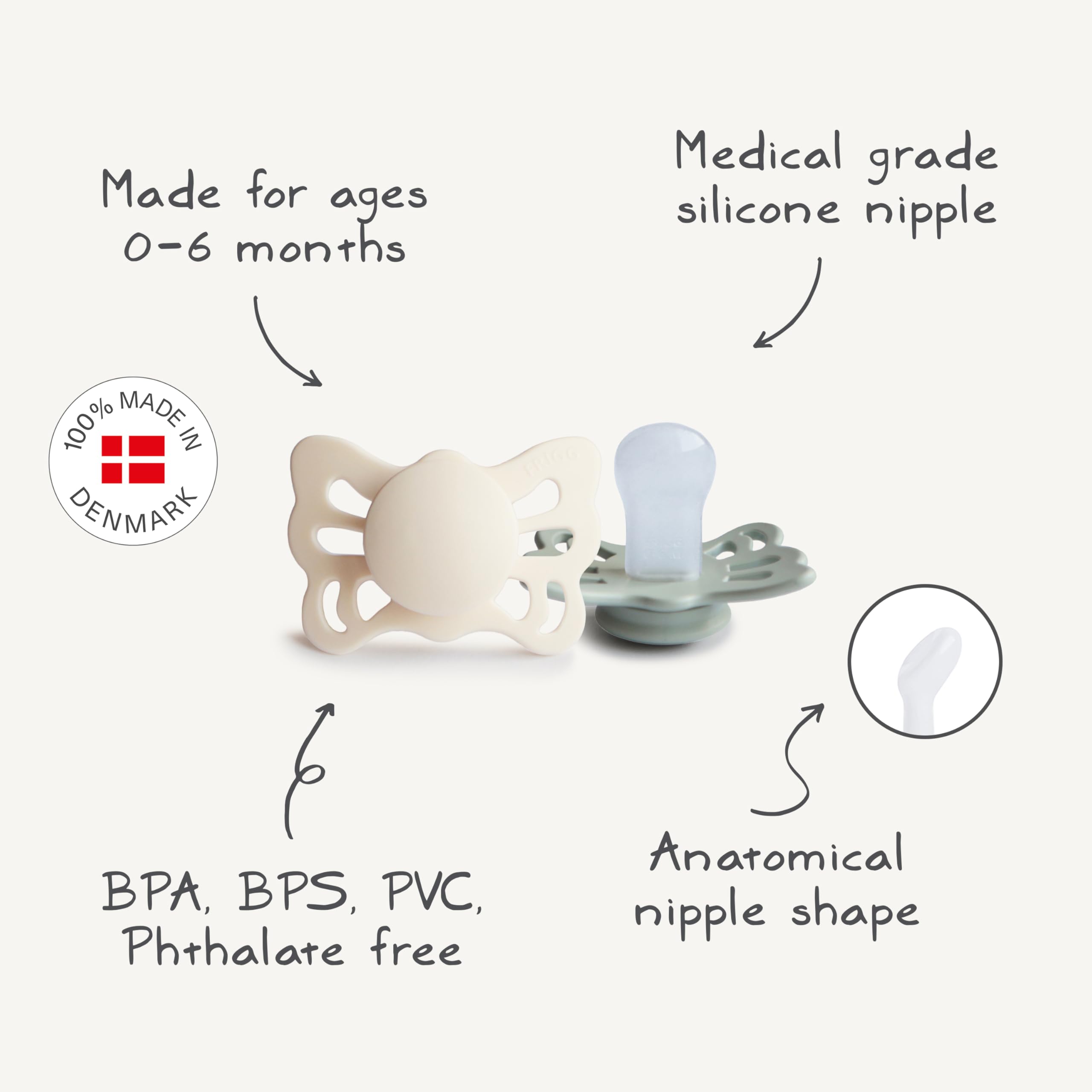 FRIGG Butterfly Anatomical SilkySoft Silicone Baby Pacifier | Made in Denmark | BPA-Free (Cedar/Baby Pink, 0-6 Months)