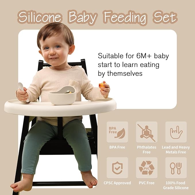 Baby Led Weaning Supplies, 17 Piece BPA-Free Silicone Feeding Set, Eating Essentials Baby Utensils with Suction Plate and Bowl, Pocket Bib, Sippy Cup with Lid, for 6+ Months, Beige