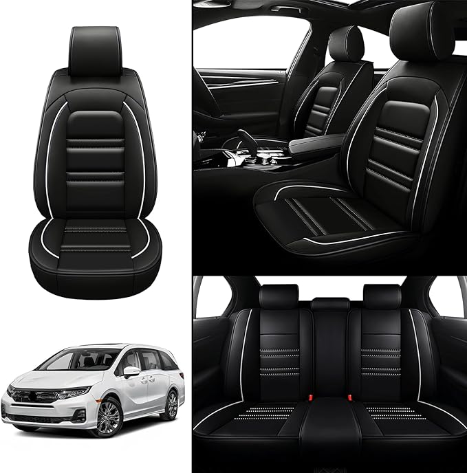 Seat Covers for Honda Odyssey 2005-2025 | 5-Seats Leather Seat Covers, Easy to Install Automotive Seat Covers Full Set (Full Set, Black&White Line)