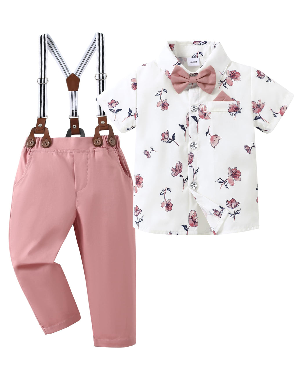 nilikastta Baby Boy Outfit Suits Toddler Wedding Outfit Boy Pink Short Dress Shirt With Bowtie/Suspender Pants 2-3T.