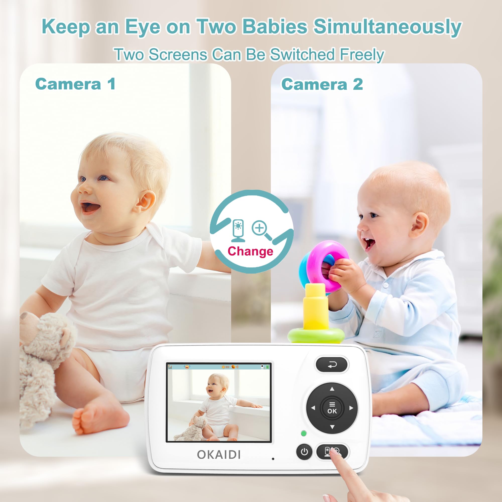 OKAIDI 2.4'' Portable Baby Monitor with 2 Cameras, Baby Monitor No WiFi