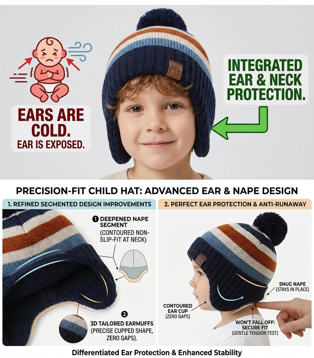 Moon Kitty Baby Boy Winter Hat with Earflaps Fleece Lined Toddler Knit Beanie Cap Cute Bear Kids Pom Pom Snow Hat for Infant Boys Girls