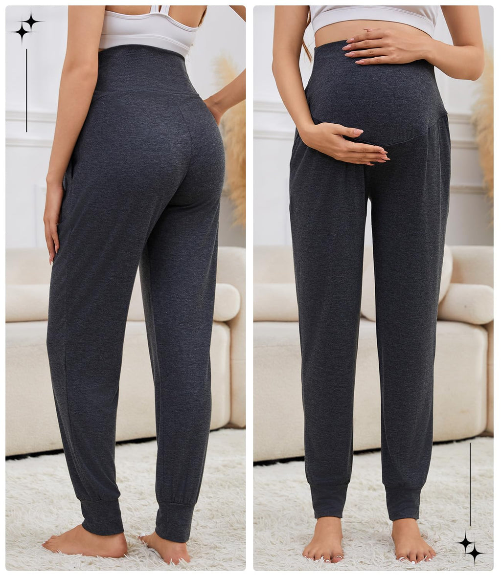 Tjukufpa 3 Pack Women's Maternity Sweatpants Over The Belly Pregnancy Jogger Pants Stretchy Maternity Pants with Pockets