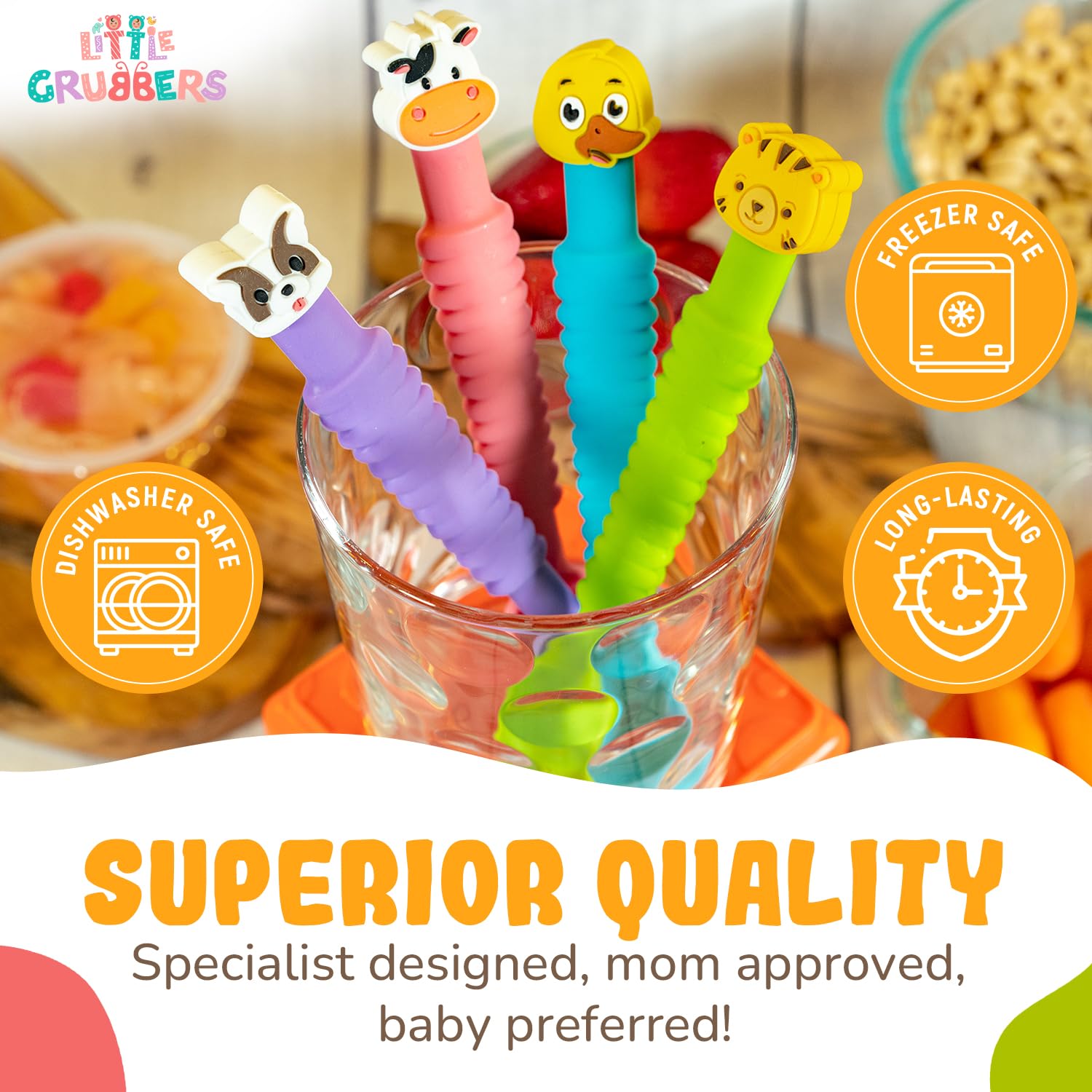 Little Grubbers 3-in-1 Silicone Baby Spoon Self Feeding 6+ Months - Pediatric OT Designed Teether Spoon, BPA Free Toddler Utensils, Mess-Free, Fun for Baby Led Weaning Supplies, Duck & Tiger