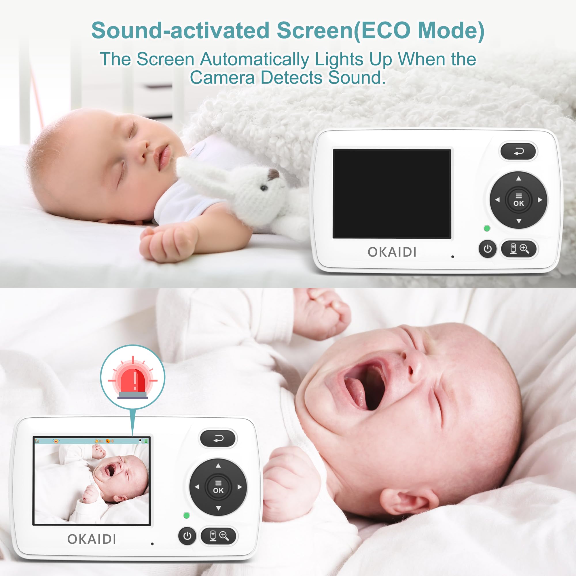OKAIDI 2.4'' Portable Baby Monitor with 2 Cameras, Baby Monitor No WiFi
