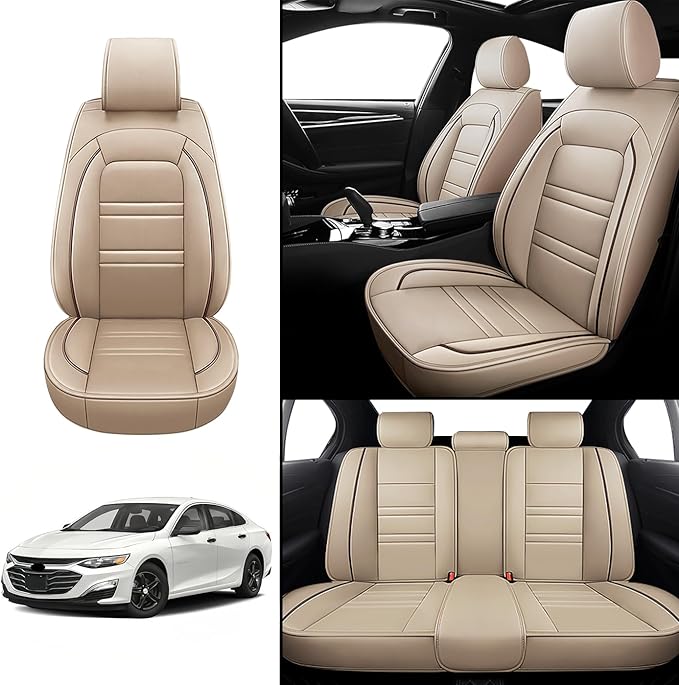 Seat Covers for Chevy Malibu 2004-2025 | 5-Seats Leather Seat Covers, Easy to Install Automotive Seat Covers Full Set (Full Set, Beige)