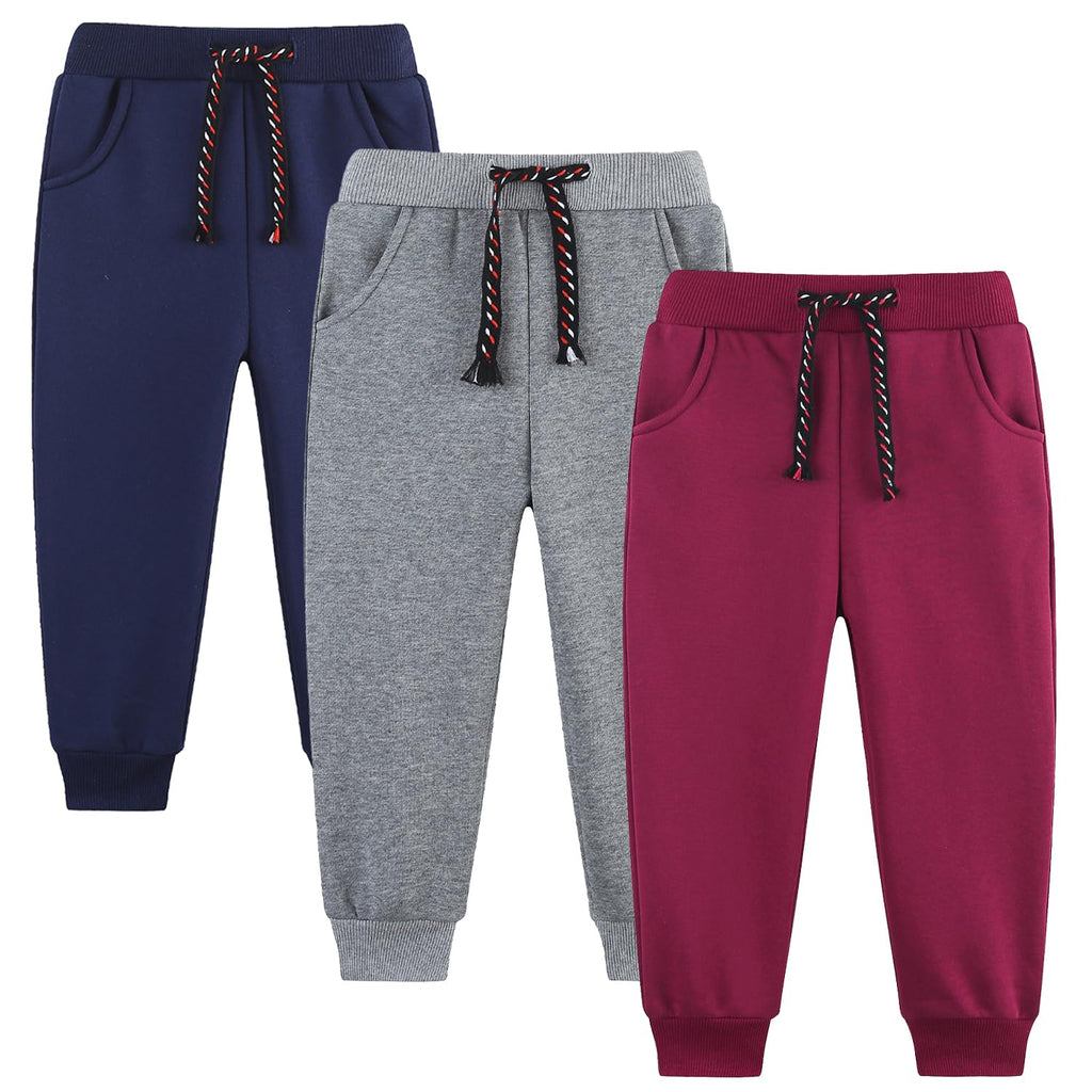 Funnymore Kids Boys Pants Sweatpants,3 Pack Pull On Fleece Athletic Jogger Outfits Clothes Dark Grey/Navy/Burgundy Size 12-13 Years