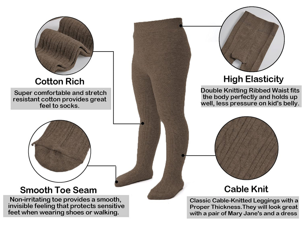 EPEIUS Baby Tights Infant Girls Cable Knit Tights Solid Cotton Stockings Seamless Footed Leggings Pantyhose 3-6 Months,Black/Brown/Khiki/Light Grey/White (Pack of 5)