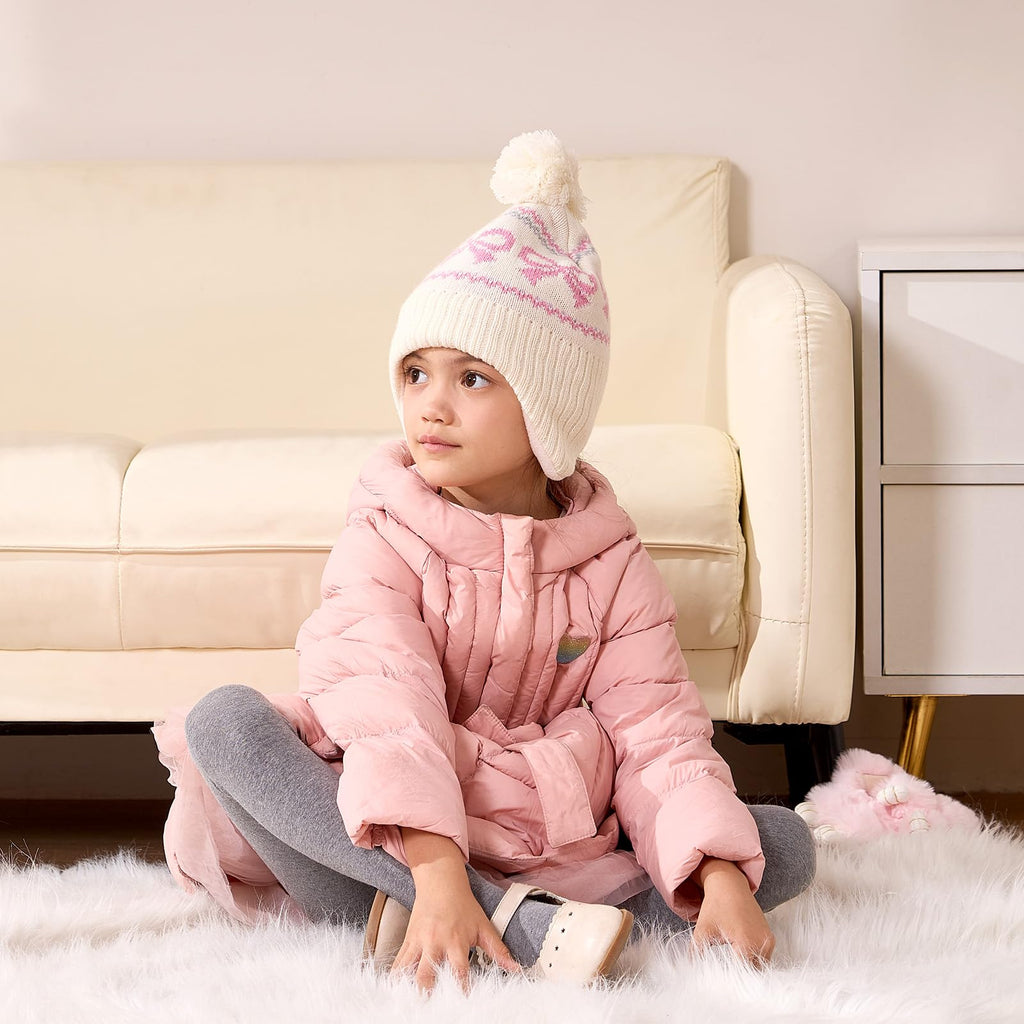 Moon Kitty Baby Girls Hat with Ear Flaps Toddler Beanies Baby Boys Girls Beanies Kids Winter Hats Soft Acrylic Knit & Fleece Lined Caps Beige