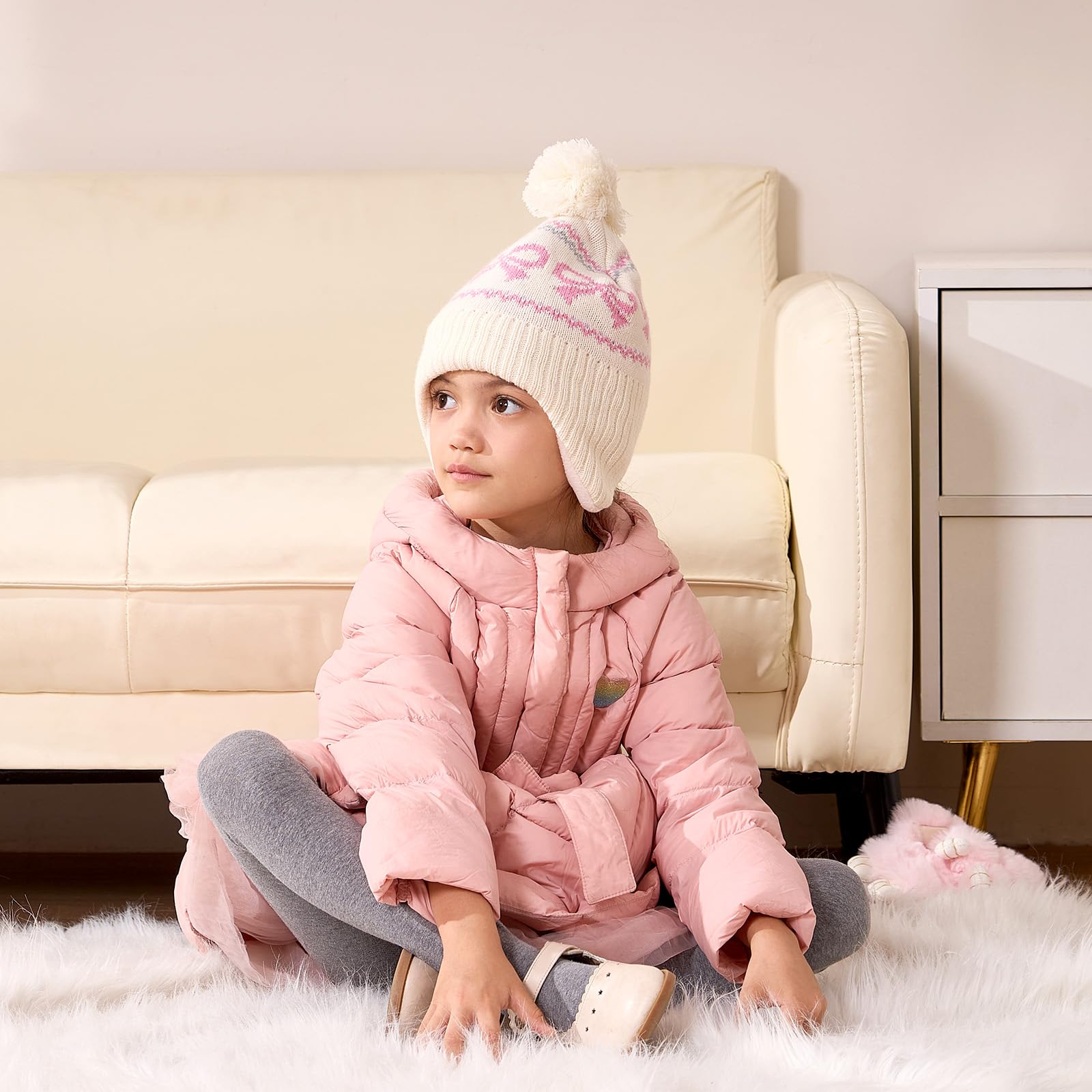 Moon Kitty Baby Girls Hat with Ear Flaps Toddler Beanies Baby Boys Girls Beanies Kids Winter Hats Soft Acrylic Knit & Fleece Lined Caps Beige