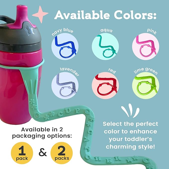 Brilli Baby Cup Catcher Patented Safety Tether Strap, Attach Sippy Cups, Bottles, Pacifiers & More to Stroller, High Chair, Car Seat, Made in USA, Food Grade, Dishwasher Safe (Aqua & Pink)