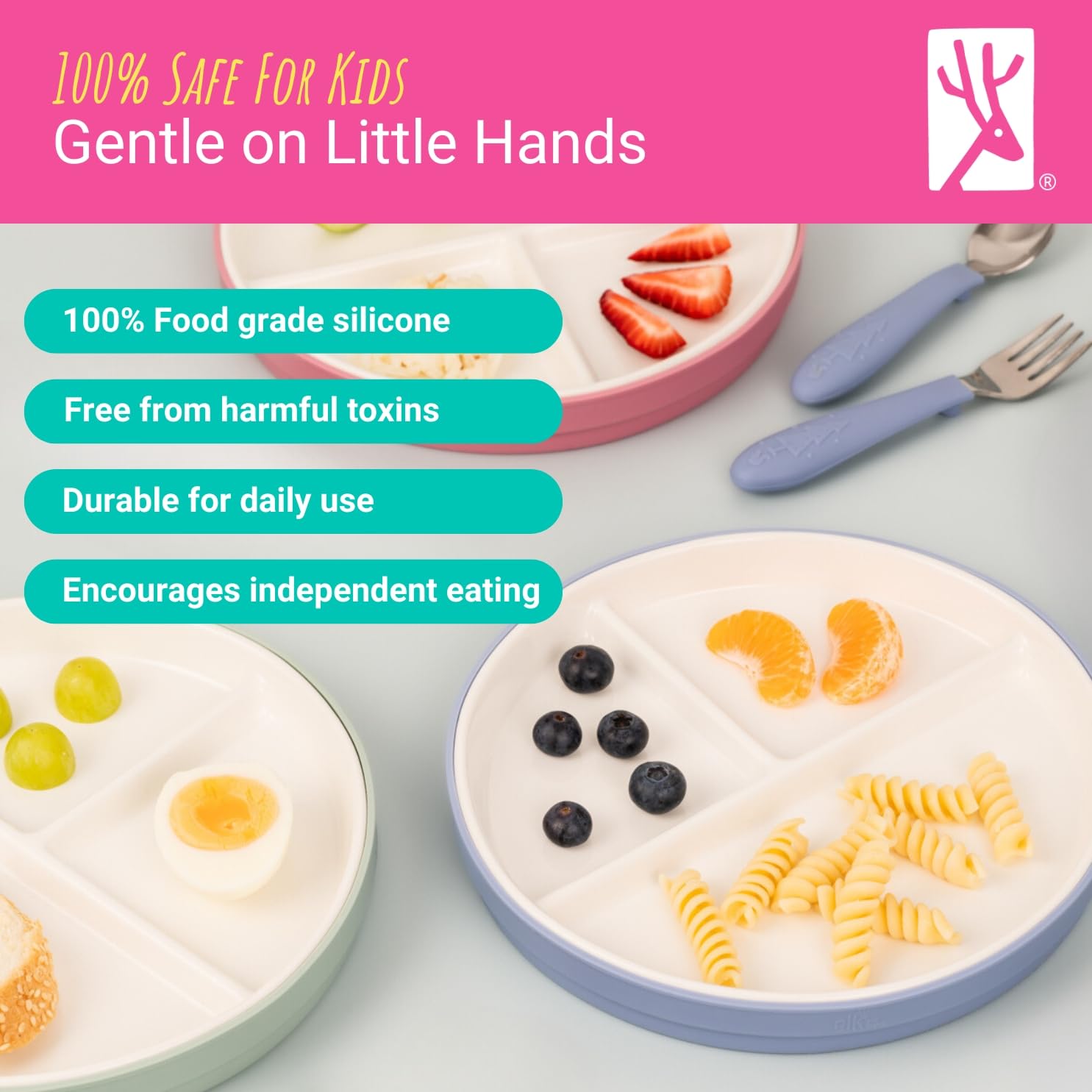 Elk and Friends Kids 6.7” Porcelain Divided Plates with Silicone Sleeves | Suitable for Babies/Kids/Toddlers | Microwave & Dishwasher Safe | Non Slip | Snack Dishes