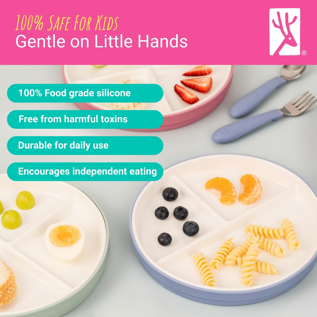Elk and Friends Kids 7.8” Porcelain White Plates with Silicone Sleeves | Divided Plates | Suitable for Kids/Toddlers | Microwave & Dishwasher Safe | Non Slip | Snack Dishes…
