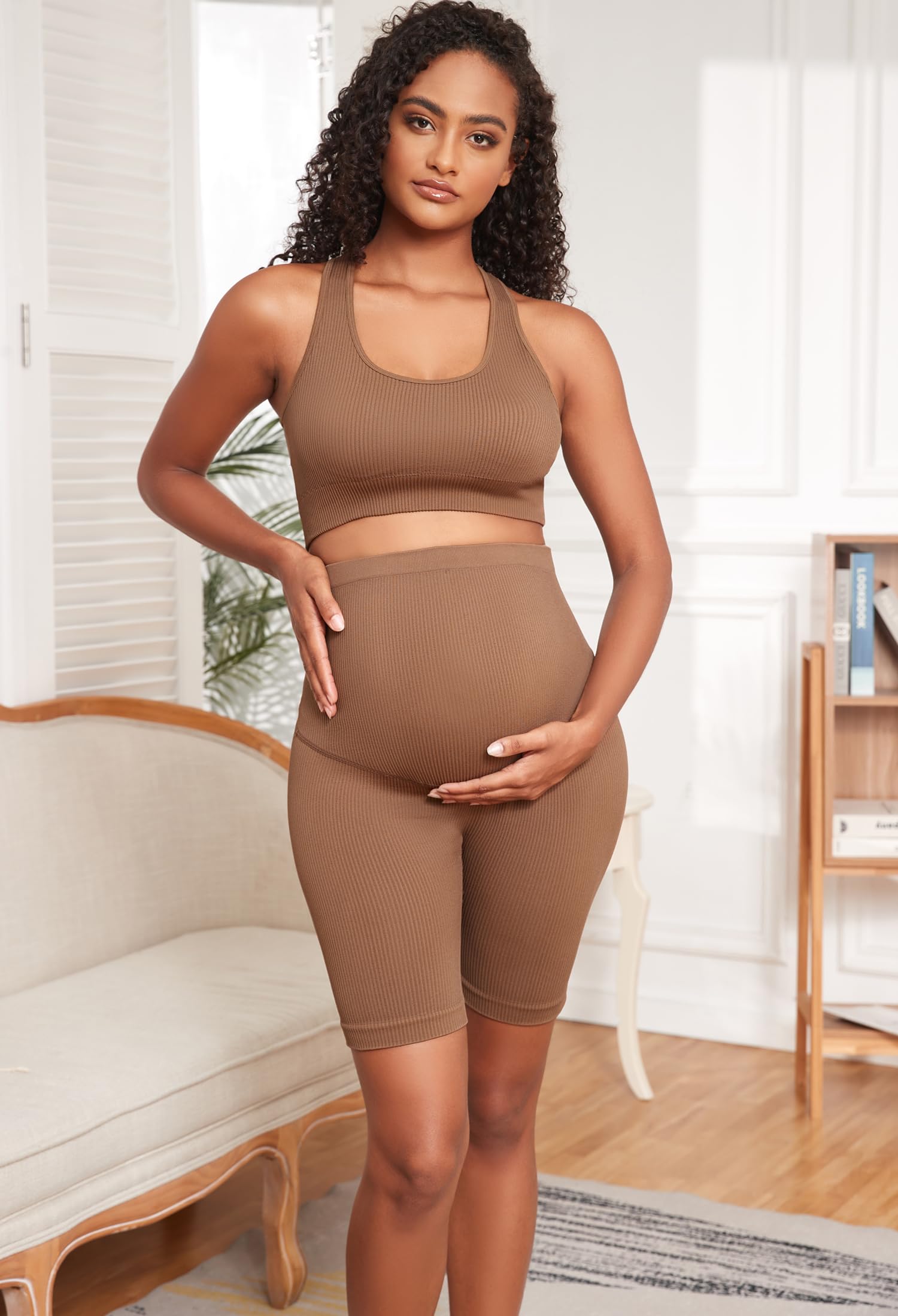 Lataly Women's Maternity 2 Piece Outfit Set - Bra & Shorts for Pregnancy - Yoga workout Lounge Wear Sets