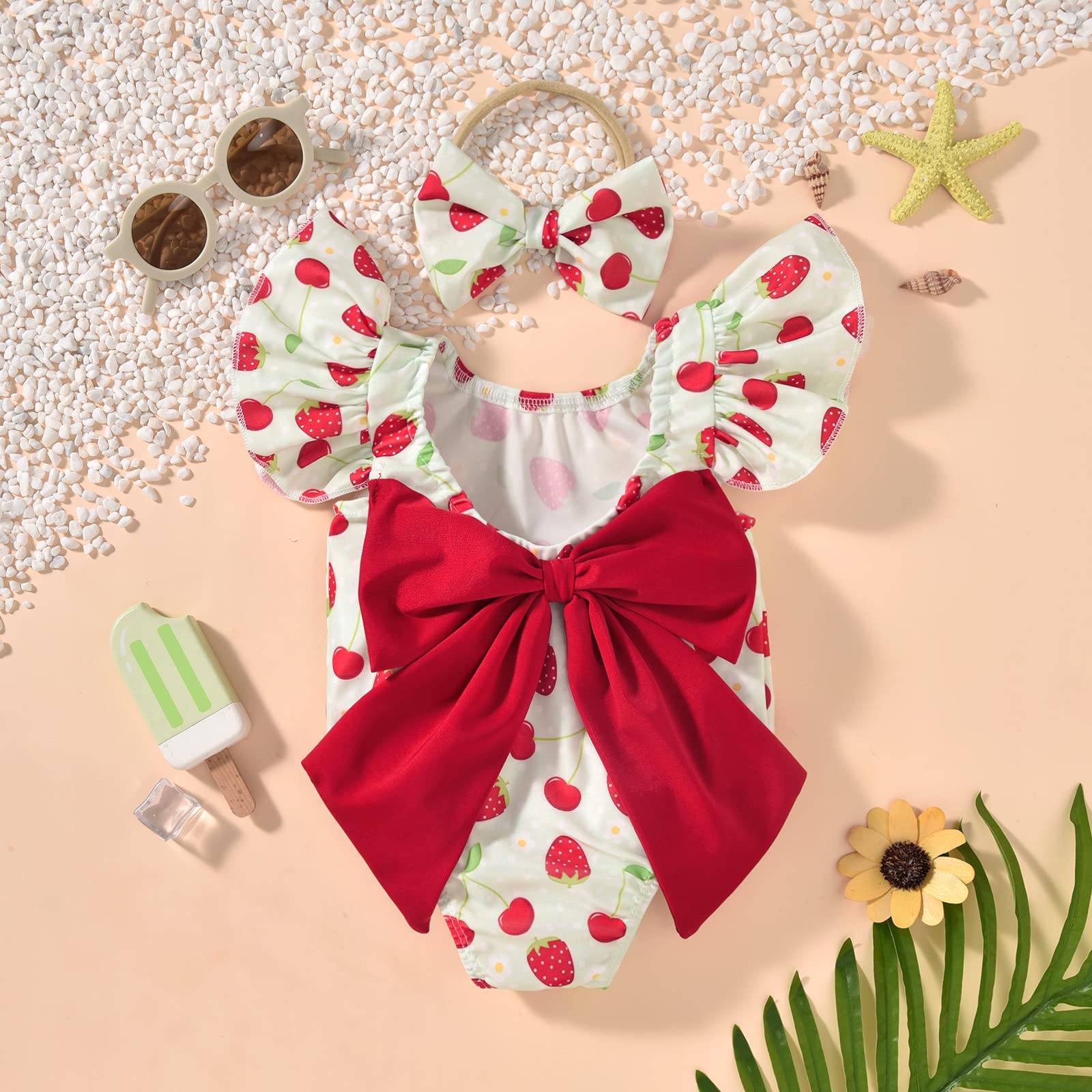 HIHA Baby Swimsuit Girl Infant Bathing Suit Ruffle Summer One Piece Strawberry Pattern Swimwear Sunsuit,0-6 Months