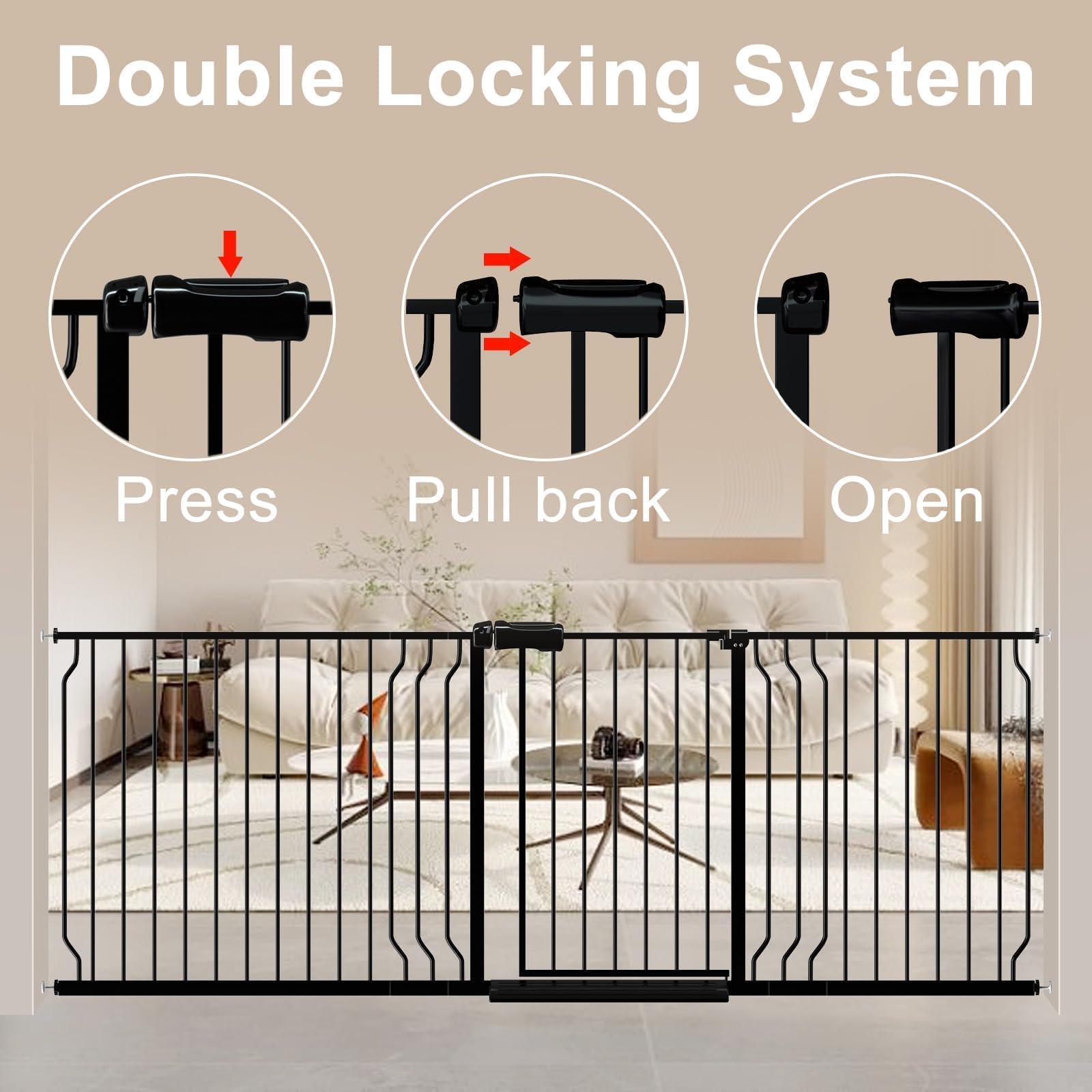 WAOWAO 52.76-62.2" Extra Wide Baby Gate Pressure Mounted 30" Tall Black