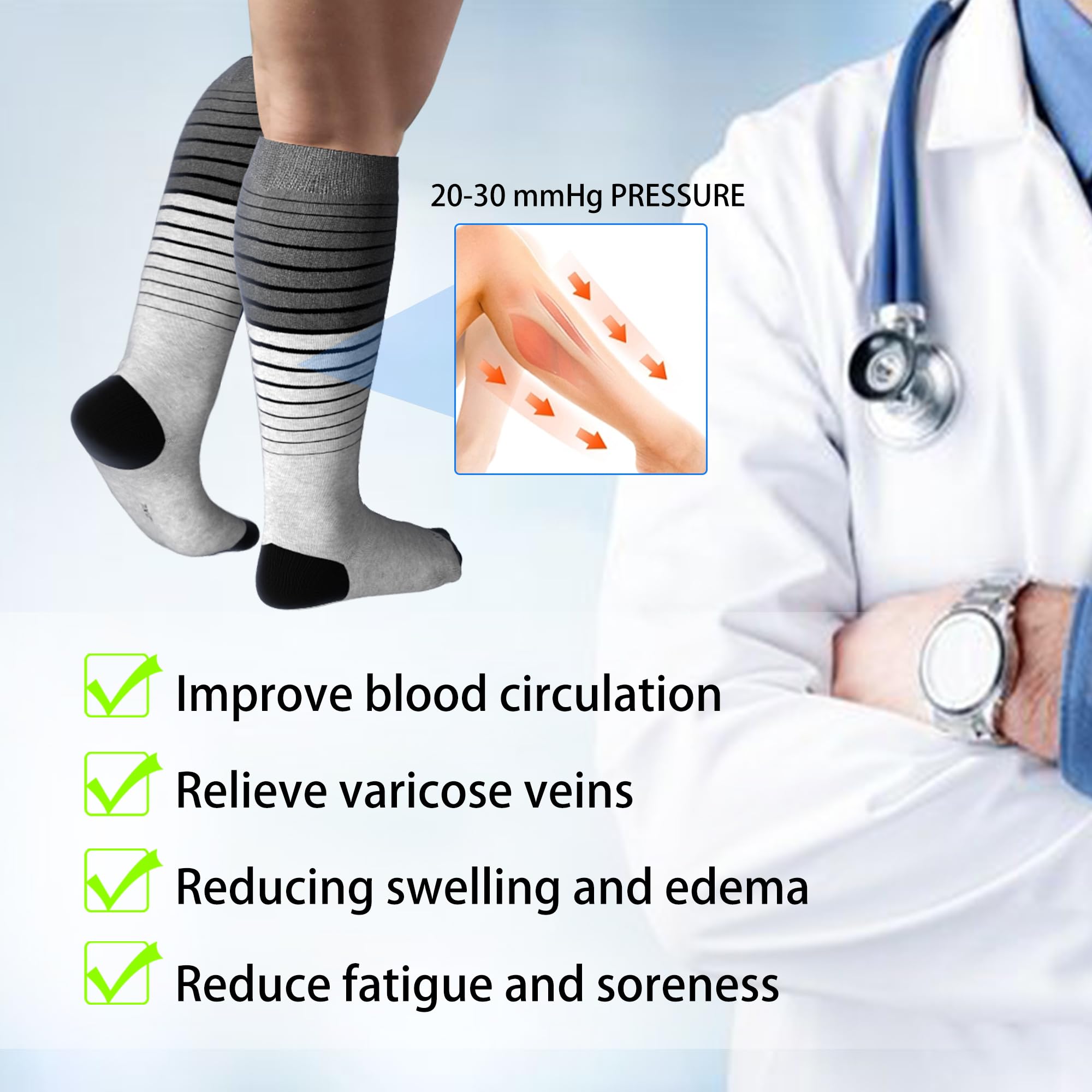 LEVSOX Viscose Made from Bamboo Compression Socks for Pregnant Women 20-30 mmHg Knee High Cute Funny Mens Supports Socks for Nurses, Medical, Travel and Flight, Stripe