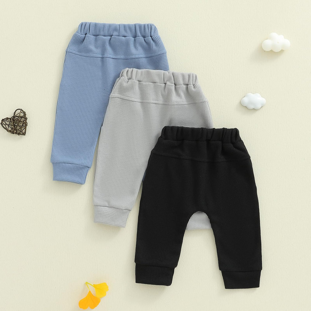 Sejardin Toddler Baby Boy Girl Pants 3 Pack Solid Color Elastic Waist Jogger Sweatpants Newborn Infant Casual Bottoms (Waffle Blue Gray Black, 18-24 Months)