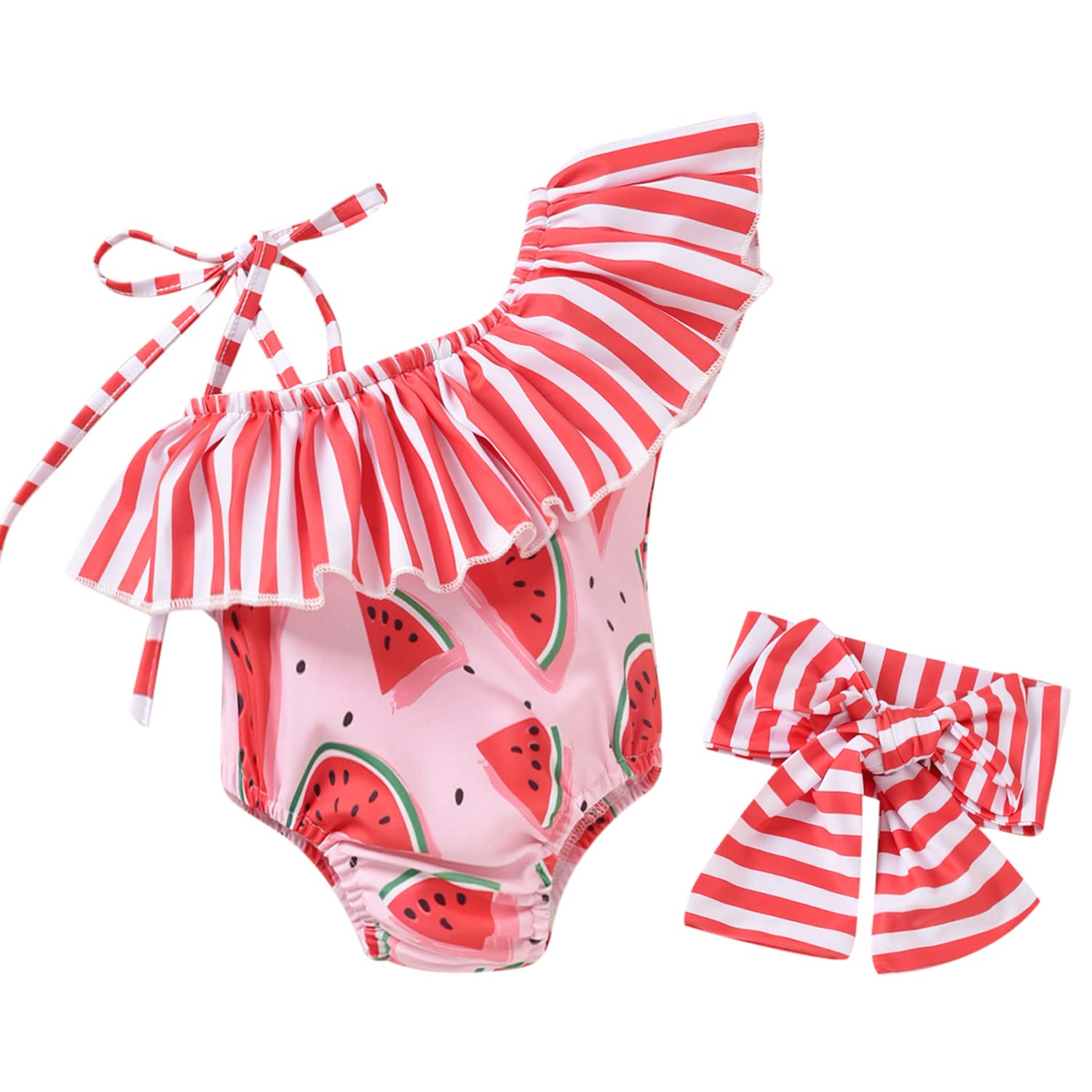 HINTINA Infant Baby Girls One Piece Swimsuits Swimming Suit Watermelon Off Shoulder Swimwear Beach Bathing Suit 6-12 Months