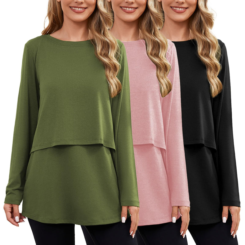 Ecavus Women's 3Pack Maternity Nursing Shirts Long Sleeve Double Layer Breastfeeding Shirts Comfy Pregnancy Clothes