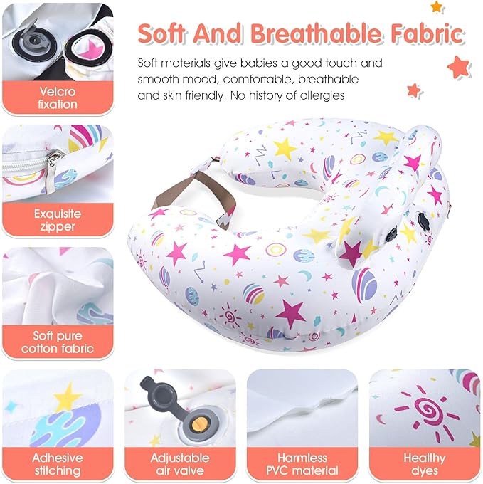 Inflatable Travel Nursing Pillow with Extra Replacement Cover–Portable Breastfeeding & Bottle-Feeding Pillow for Mom & Baby Support, 2 Removable 100% Cotton Covers–Newborn Essentials