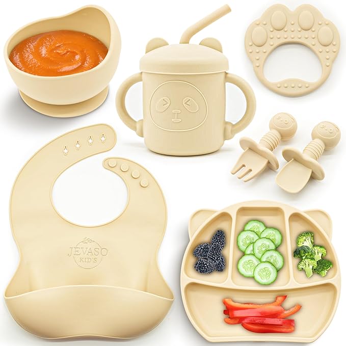 JEVASO Silicone Baby Feeding Set, Baby Led Weaning Supplies, Baby Self Feeding Essentials Suction Bowl Divided Plate Baby Bibs Spoons Forks Sippy Cup Teether, Toddler Eating Utensils for 6+ Months