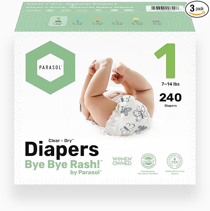 Parasol Clear+Dry Disposable Diapers and Clear+Pure Wipes, RashShield Protection, Size 1 (7-14 lbs), Diaper Bundle of 240 Diapers & 240 Wipes