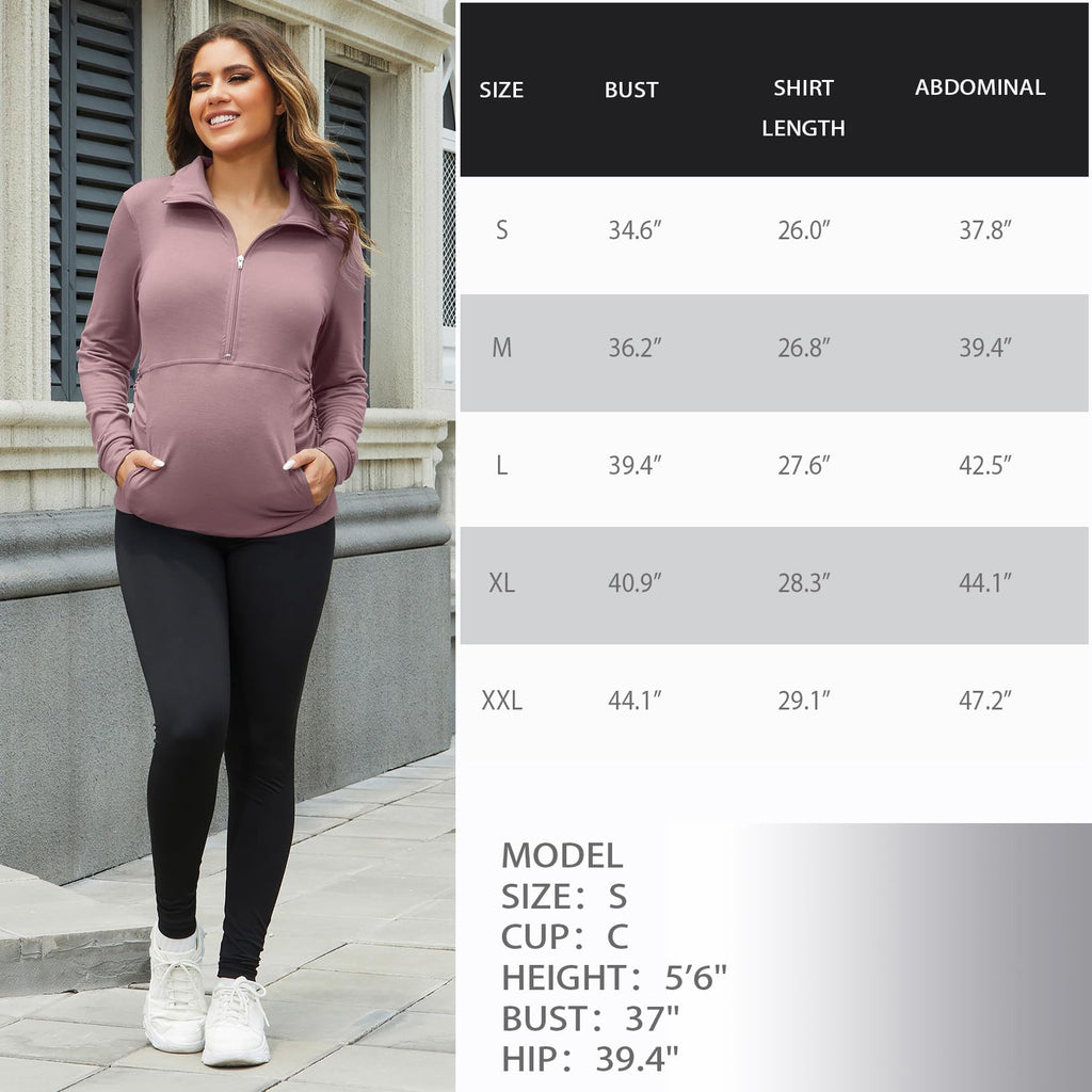 GINKANA Women's Maternity Sweatshirt Long Sleeve Kangaroo Pocket Shirt Casual Pregnancy Lapel Sweatshirt Half Zipper Tops,Mauve,M
