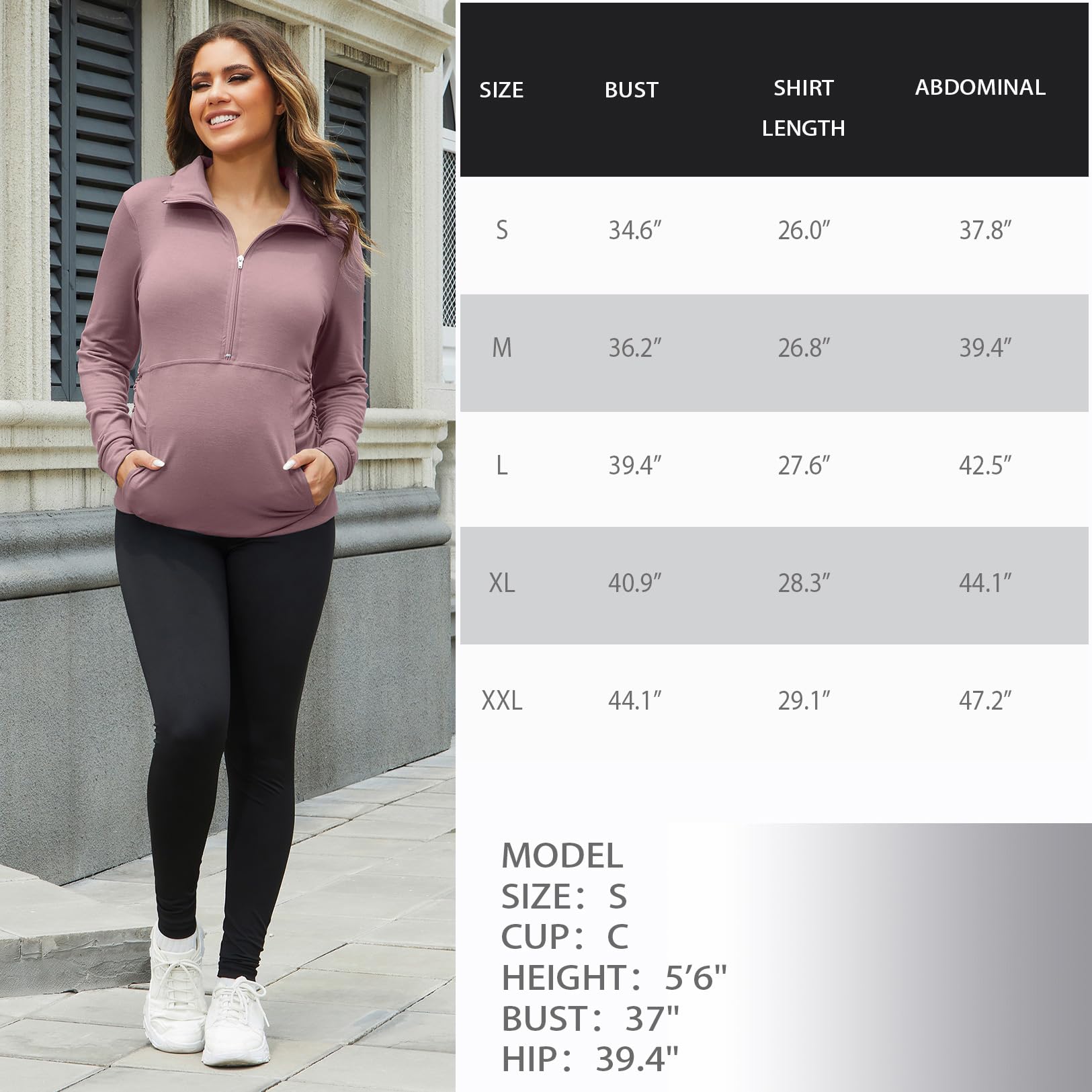 GINKANA Women's Maternity Sweatshirt Long Sleeve Kangaroo Pocket Shirt Casual Pregnancy Lapel Sweatshirt Half Zipper Tops,Mauve,M