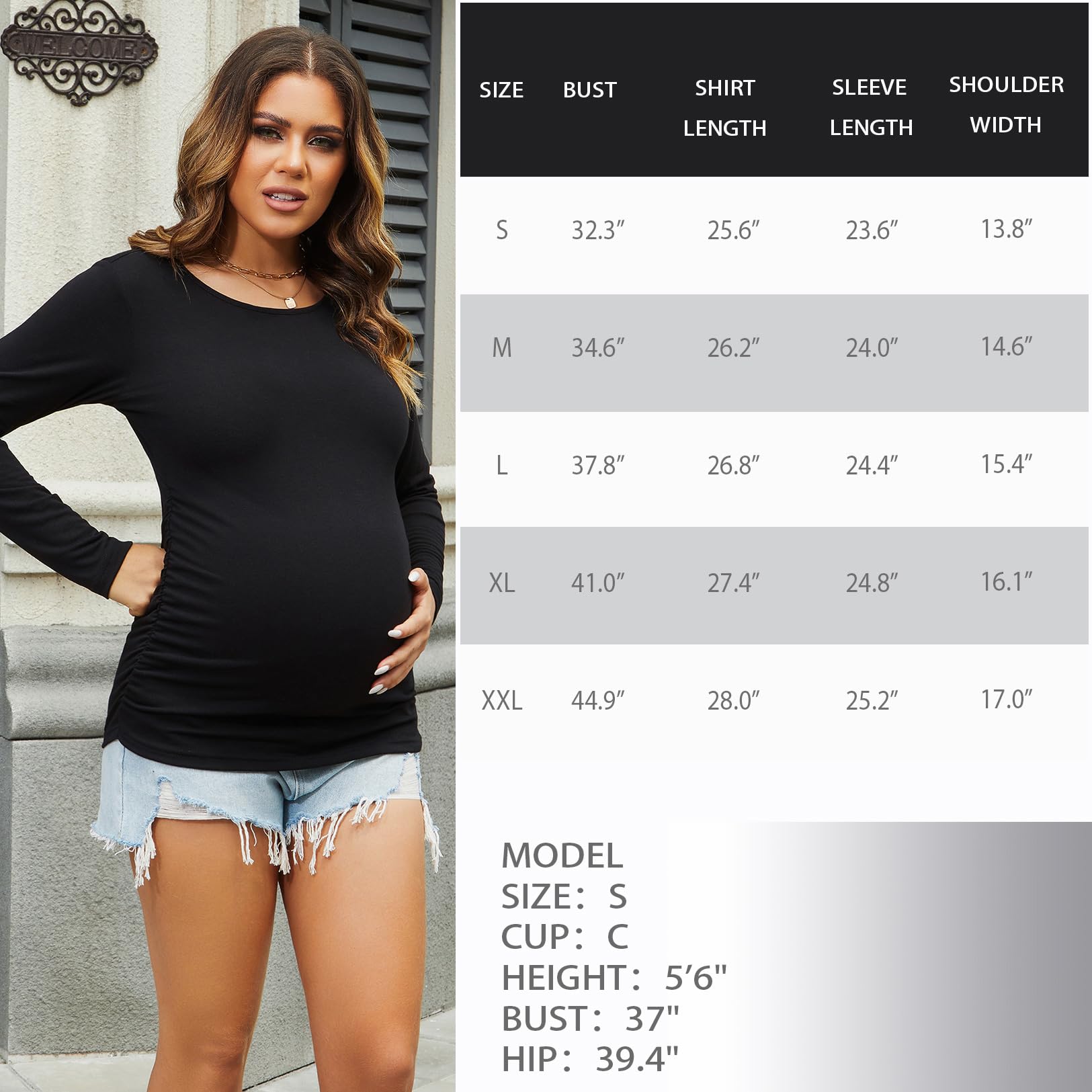 Women's Maternity Shirts 3 Packs Long Sleeve Pregnancy Tops Basic Side Ruched Tunic Blouse,Black/Black/Black L