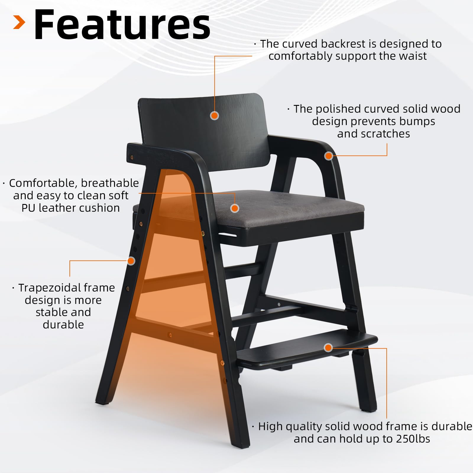 Leesinwing Wooden High Chair for Toddlers, Adjustable Feeding Chair, Black