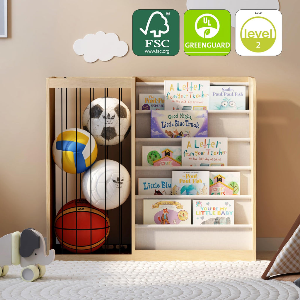 HedoAjim Natural Wood Kids Bookshelf & Stuffed Animal Net Holder Plush Toy Storage Organizer Child Bookcase Toddler Baby Sling Book Rack for Playroom Bedroom Nursery Infant Boys Girls Preschool