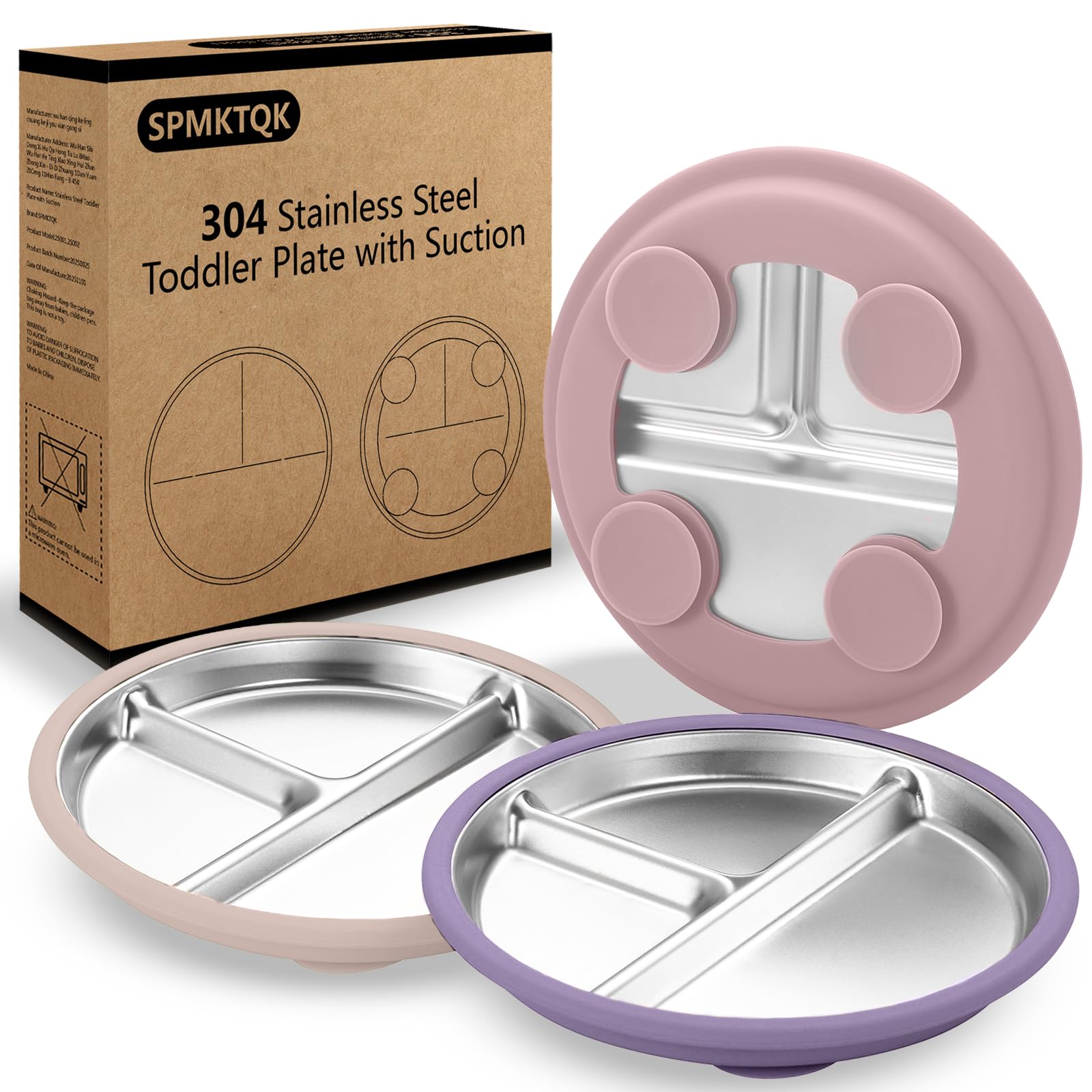 SPMKTQK 3 Pack Stainless Steel Kids Plates, Suction Divided, Baby Feeding