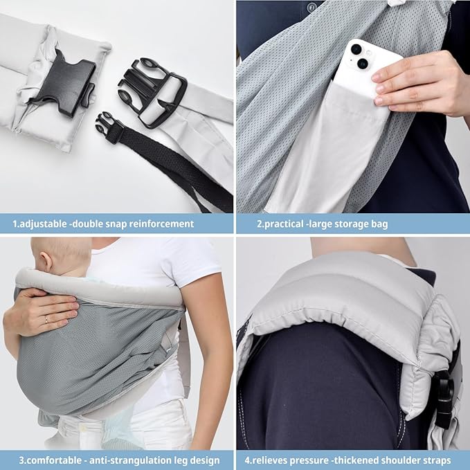 Baby Sling Carrier Newborn, Adjustable Easy Wearing Baby Nursing Warp Sling, New Mom Dad Soft Cotton Baby Front Holder Carrier for Infant Toddler Life Travel Essential Gifts (Mesh Grey)