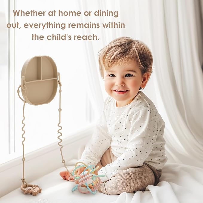 Andy Bear Silicone Plates for Babies with Suction Divided Baby Spoons Silicone Baby Toy Straps All-in-one Plates Silicone Placemat for Babies Toddlers Attachable Tethers & Built-in Suction Cups-Sage