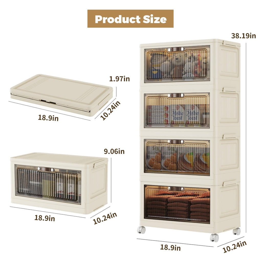 4 Tier - 34QT Storage Bins with Lids, Collapsible Storage Bins with Doors and Wheels, Plastic Storage Cabinet for Easy Storage and Organization for Living Room, Office