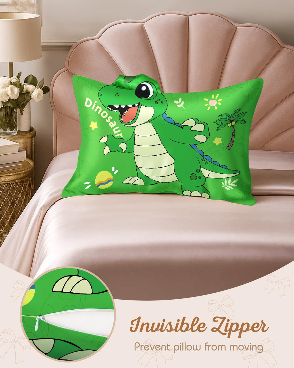 Miss Adola Kids Pillowcases Standard Size 20"x26" - Cute Cartoon Soft Breathable Silk Pillow Cases for Hair and Skin with Hidden Zipper for Fun Kawaii Design for Bedding, Green Dnosaur