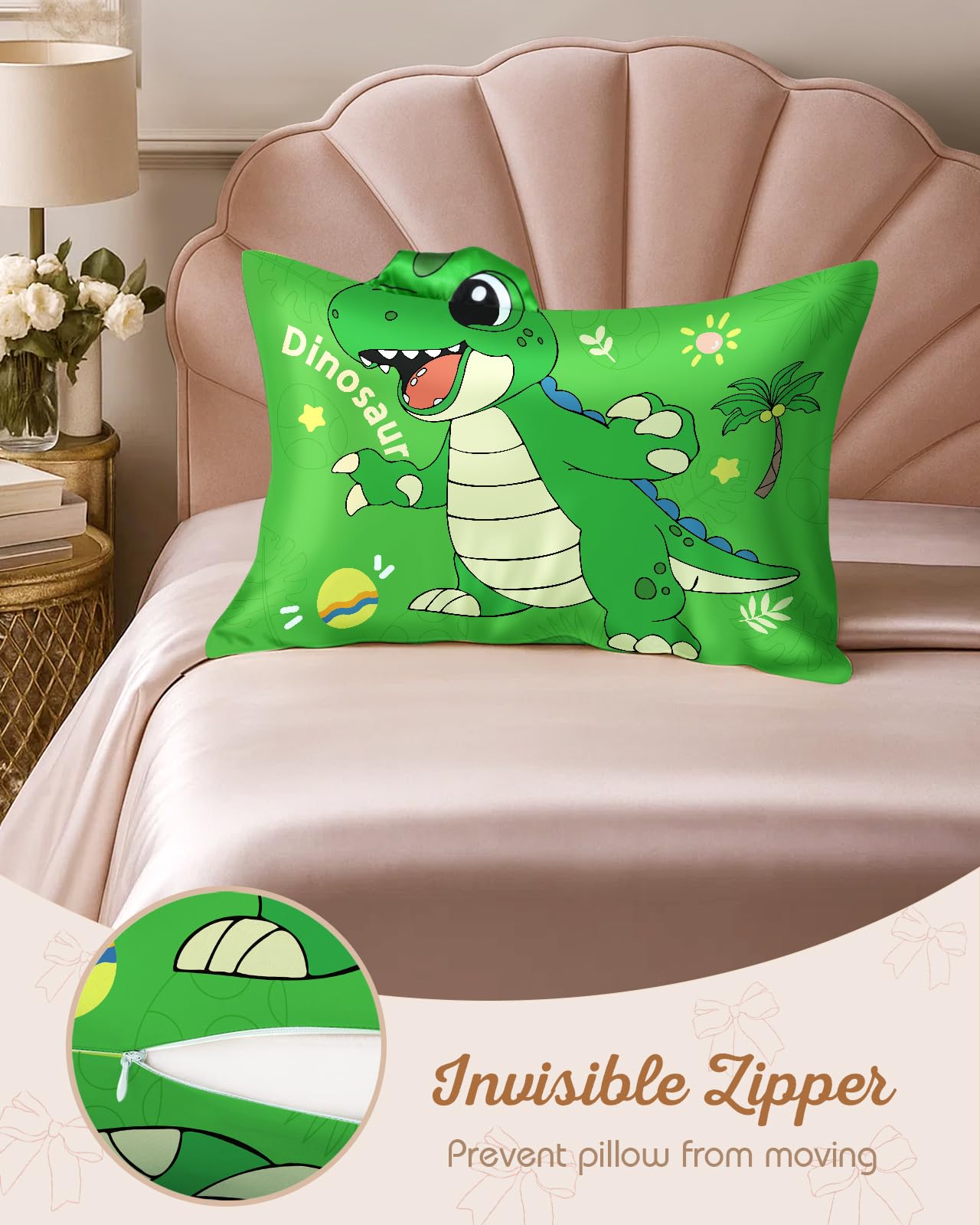 Miss Adola Kids Pillowcases Standard Size 20"x26" - Cute Cartoon Soft Breathable Silk Pillow Cases for Hair and Skin with Hidden Zipper for Fun Kawaii Design for Bedding, Green Dnosaur
