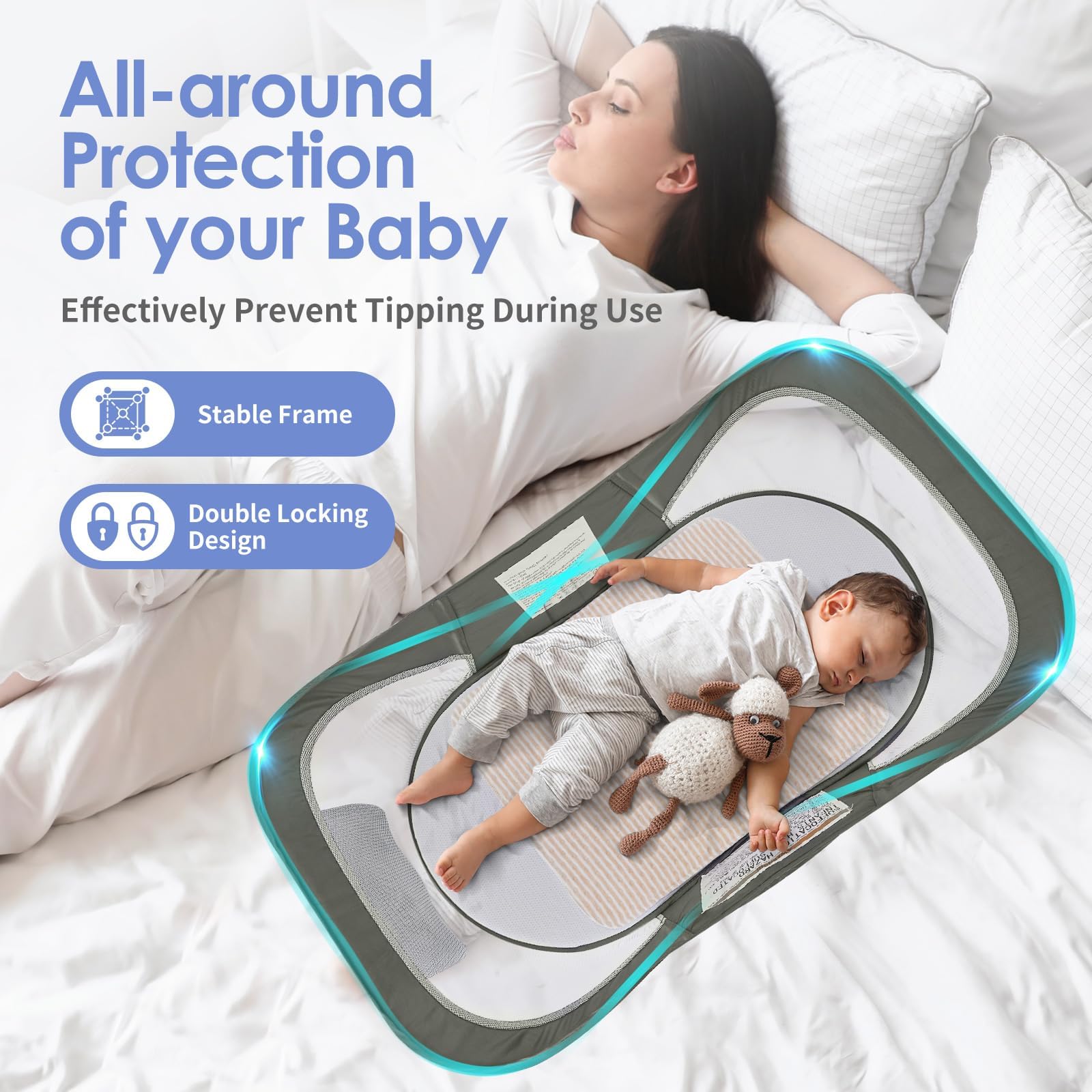 ISELECTOR Bedside Bassinet for Baby, Portable Baby Bassinet Travel Bed with Mosquito Net & Sunshade, Lightweight Foldable Baby Crib with Easy-Clean Fabric for Home & Outdoor