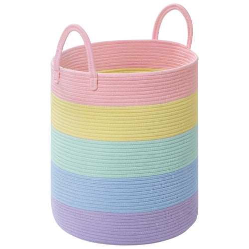 67L Large Rainbow Blanket Basket, Cotton Rope Baby Laundry Hamper with Handles, Kids Toy Basket for Classroom & Nursery, Soft Round Stuffed Animal Storage, Dog Toy Bin - 20"x13", Light Rainbow