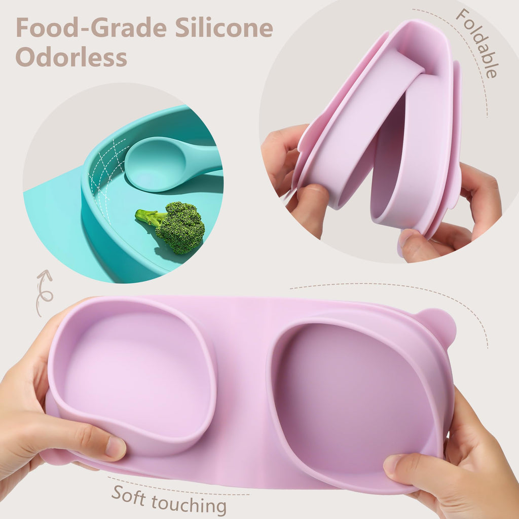 yahaa Foldable Baby Plates with Suction with Forks and Spoons, Purple