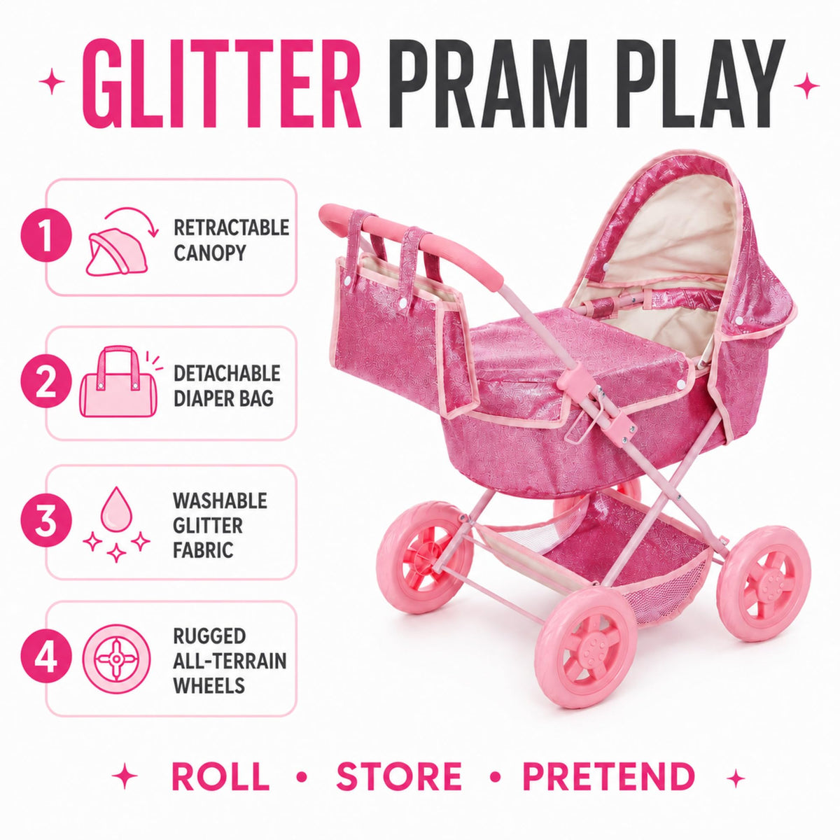 Olivia's Little World Baby Doll Bassinet Pram, Hot Pink Glitter