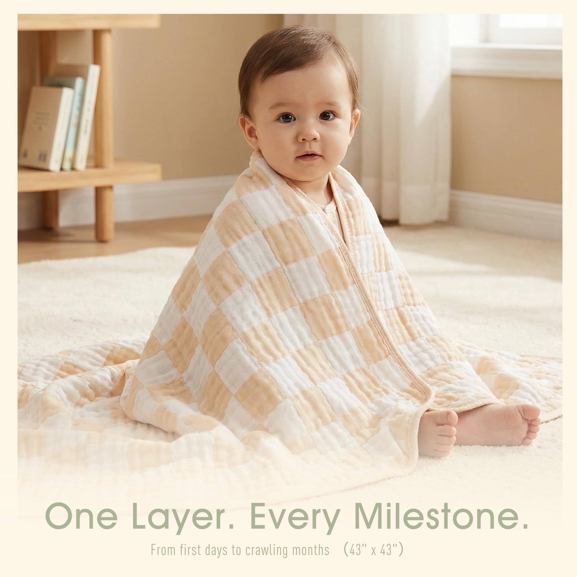 HardNok Ultra Soft Muslin Baby Blanket, Organic Cotton Blend (Beige Check)